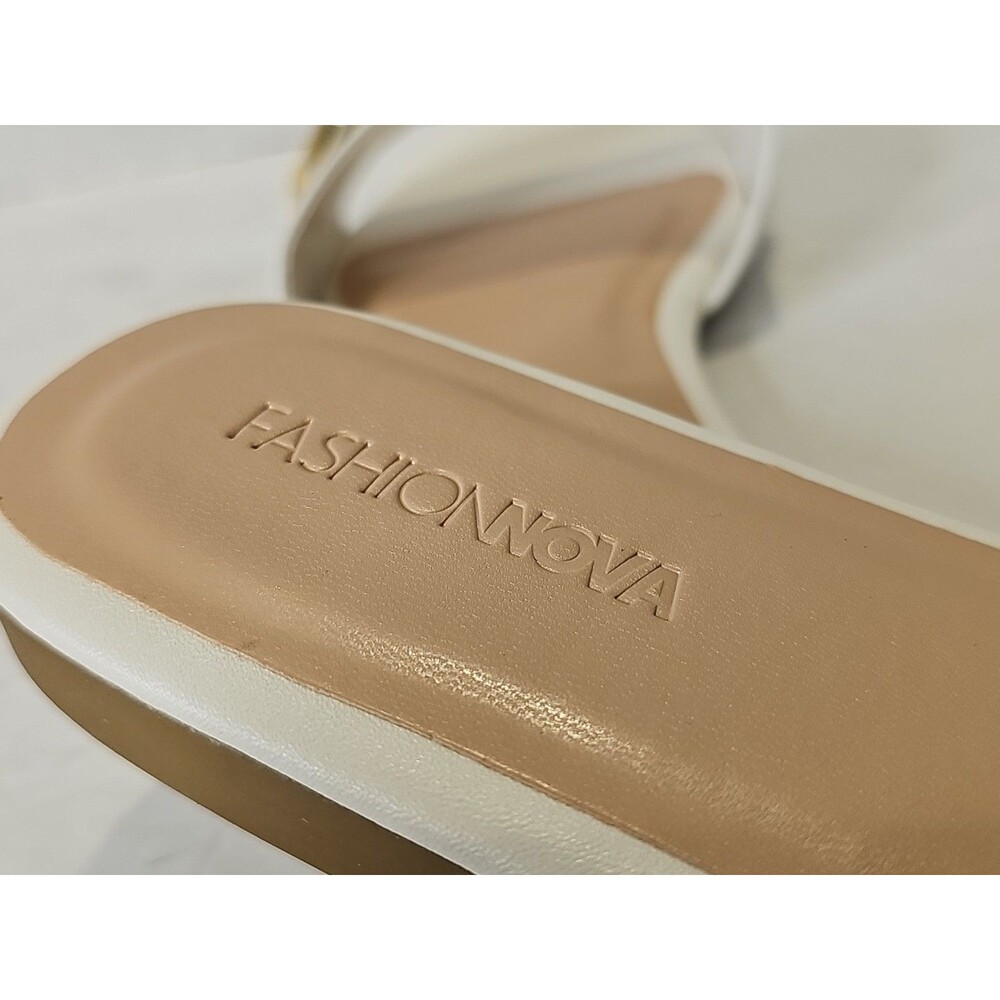 Fashion Nova White Square Toe Slide Sandals Gold Chain Link Flat Buckle Shoes 7 - Picture 5 of 8